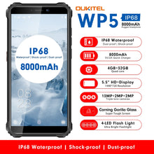 Load image into Gallery viewer, OUKITEL WP5 5.5" IP68 Waterproof Rugged MobilePhone MT6761 Quad Core Smartphone 4GB 32GB Cellphone 4-LED Flash Light 8000mAh GPS