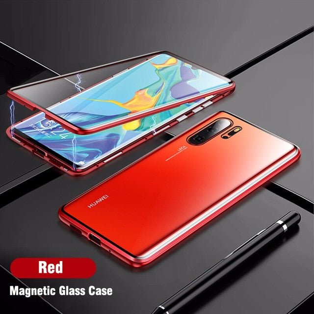 Magnetic Absorption Metal Flip Phone Case for Huawei P30 P30Pro P30Lite Cover Double Sided Tempered Glass HuaweiP30 Pro Lite Bag
