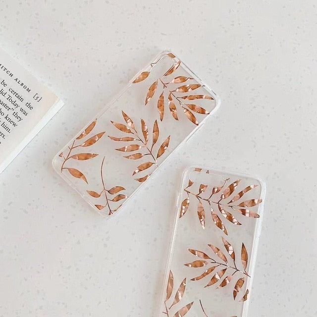 Luxury Glitter Transparent Case For iPhone 8 7 Plus X XS Max XR 11 Pro Max Gold Leaf  Clear Back Cover Soft Fundas Coque