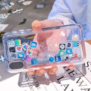 For iPhone 11 Pro Max Liquid Hard Phone Shell For iPhone 6S 7 8 Plus X XR Cases Dynamic Quicksand Cover Cute apps icon Case Capa