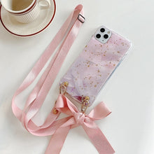 Load image into Gallery viewer, Fashion Cross Shoulder Strap Glitter Marble TPU Case For iPhone 11 Pro Max XS Max XR X 7 8 6 6S Plus Bow Necklace Soft Cover

