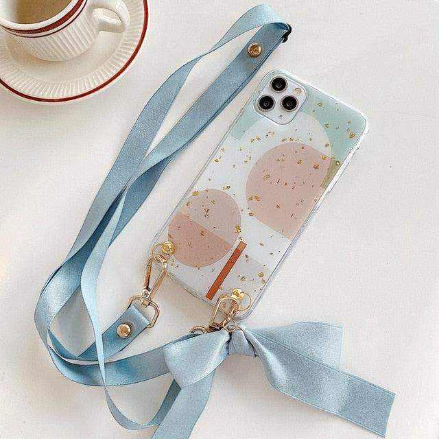 Fashion Cross Shoulder Strap Glitter Marble TPU Case For iPhone 11 Pro Max XS Max XR X 7 8 6 6S Plus Bow Necklace Soft Cover