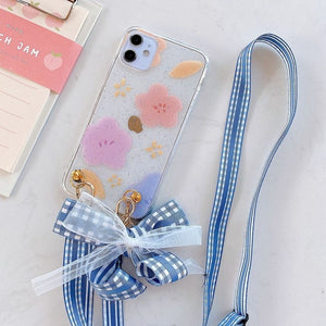 Fashion Cross Shoulder Strap Glitter Marble TPU Case For iPhone 11 Pro Max XS Max XR X 7 8 6 6S Plus Bow Necklace Soft Cover