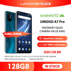 UMIDIGI A7 Pro 6.3" FHD+ Full Screen Quad Camera Andriod 10 4G+128GB ROM LPDDR4X Octa Core Global Version Cellphone  4150mAh