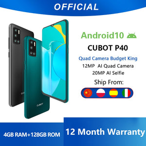 Cubot P40 Rear Quad Camera 20MP Selfie Smartphone NFC 4GB+128GB 6.2 Inch 4200mAh Android 10 Dual SIM Card mobile phone 4G LTE